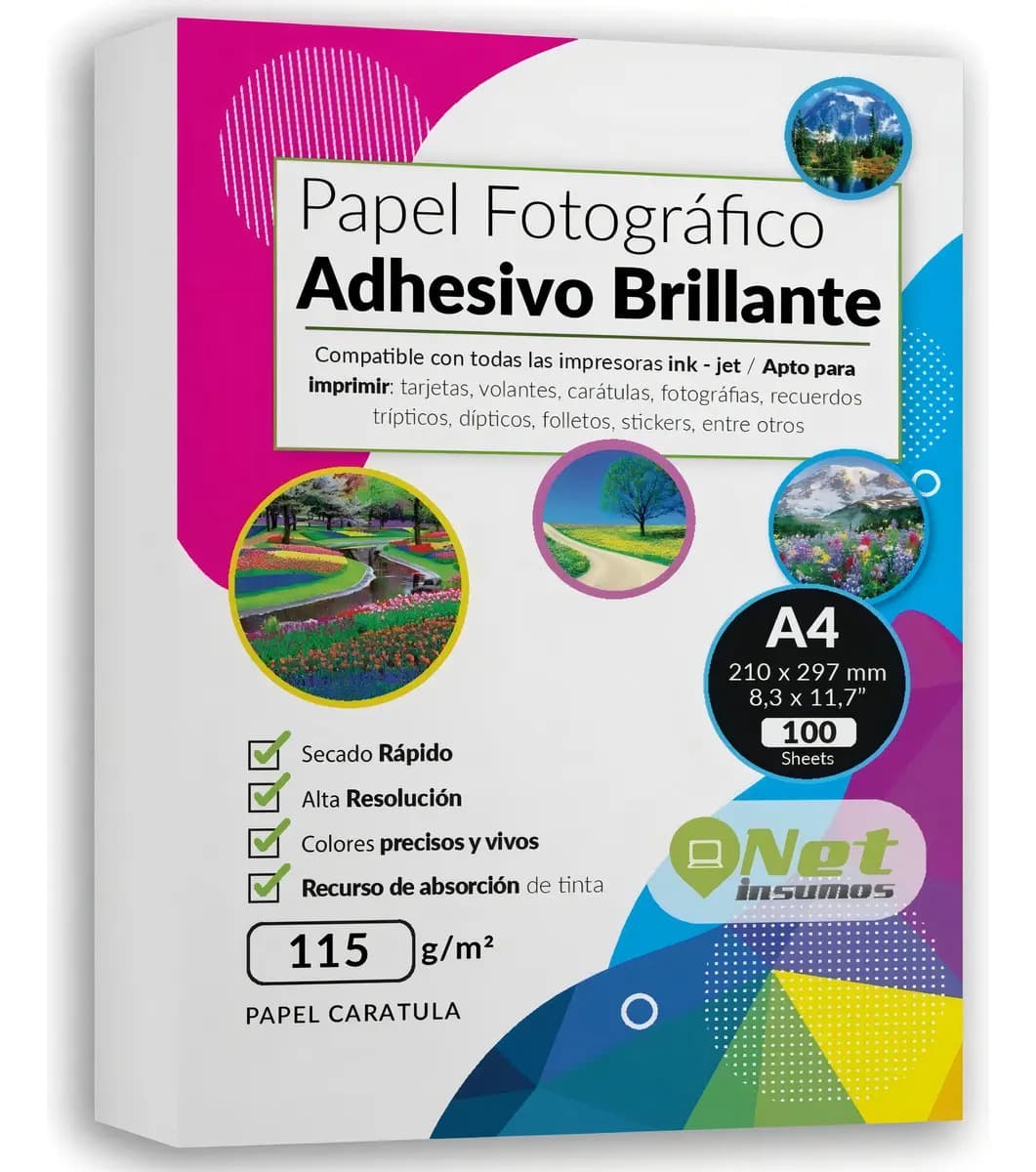 Papel Fotográfico Adhesivo Brillante A4 115g 100 Hojas Impresión Alta Calidad