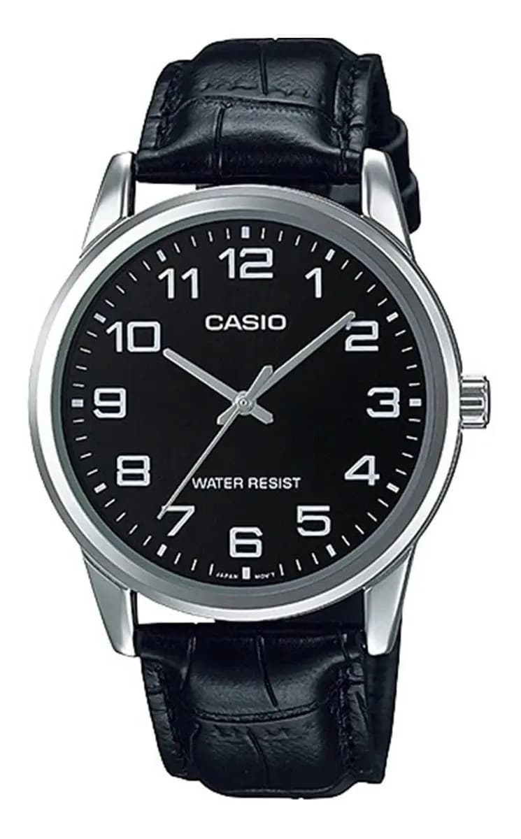 Reloj pulsera Casio MTP-V001L-1BU con correa de cuero color negro - bisel plateado