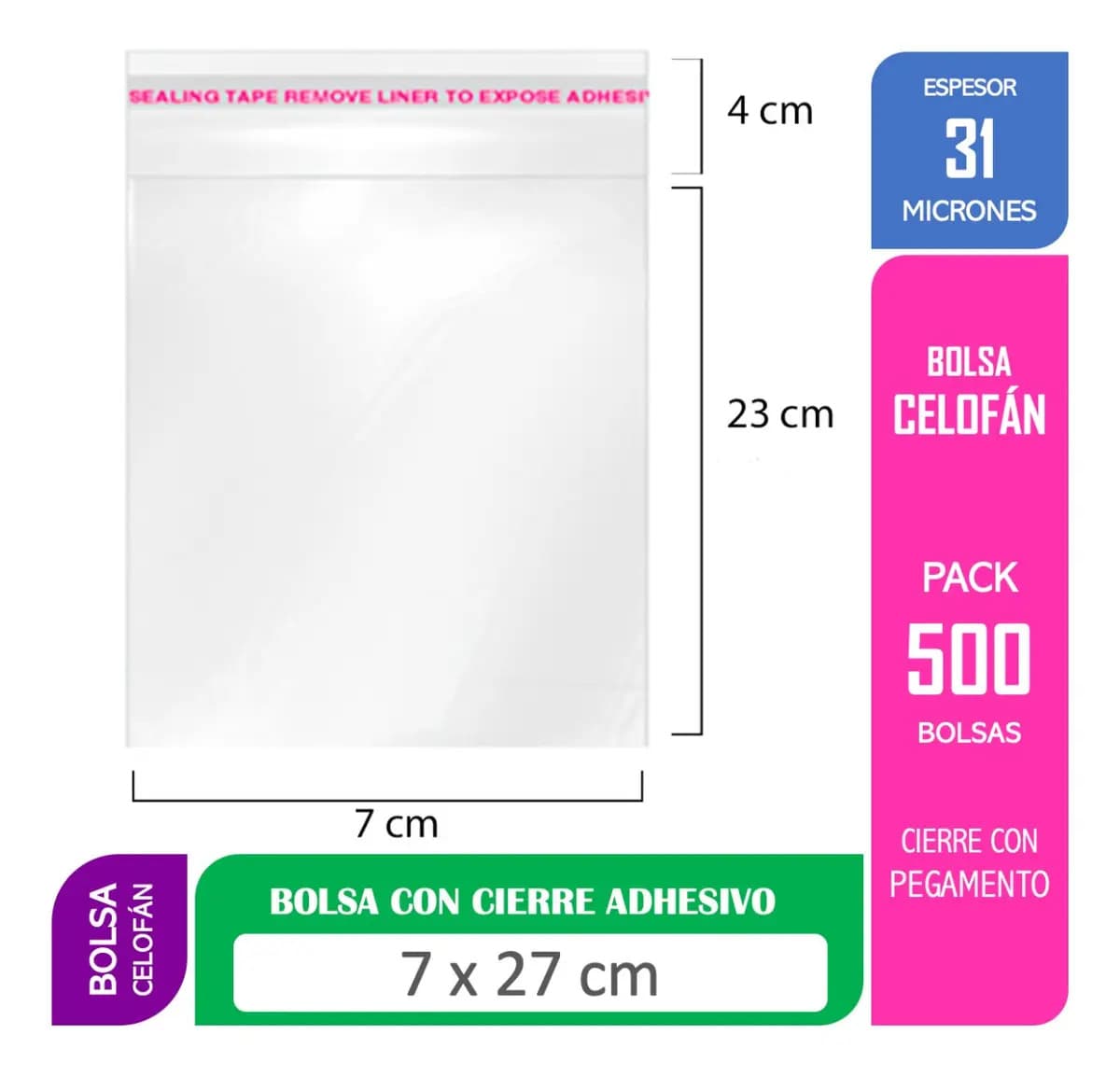Bolsa Celofán Cierre Adhesivo Alemdalinda 7x27 cm 500 unidades Transparente