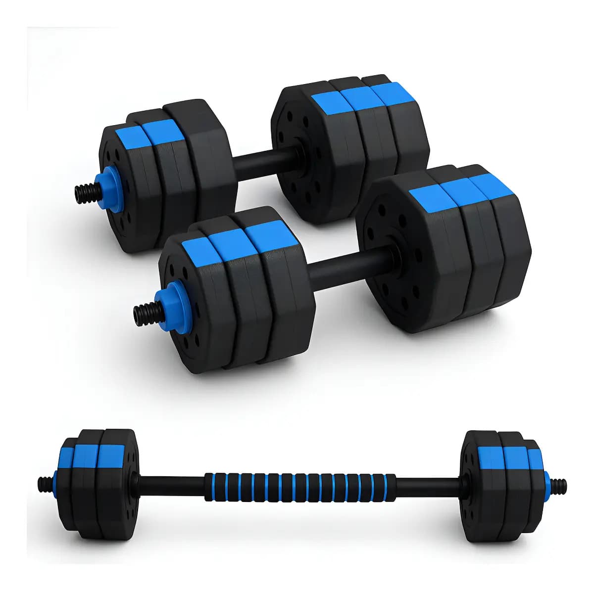 Set Mancuernas Ajustable Eoland + Barra Extension Azul Juego Pesas 20 Kg 2en1 Discos De Pvc Fitness Kit Mancuernas