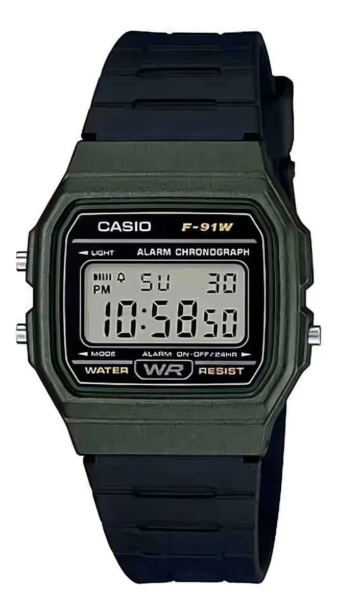 Reloj de pulsera Casio Collection F-91WM-3A de cuerpo color verde, digital, para hombre, fondo gris, con correa de resina color negro, dial negro, bisel color verde y hebilla