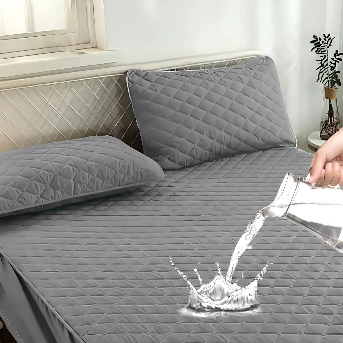 Cubre Colchon Impermeable 2 Plazas + Fundas Okaeri Color Gris claro